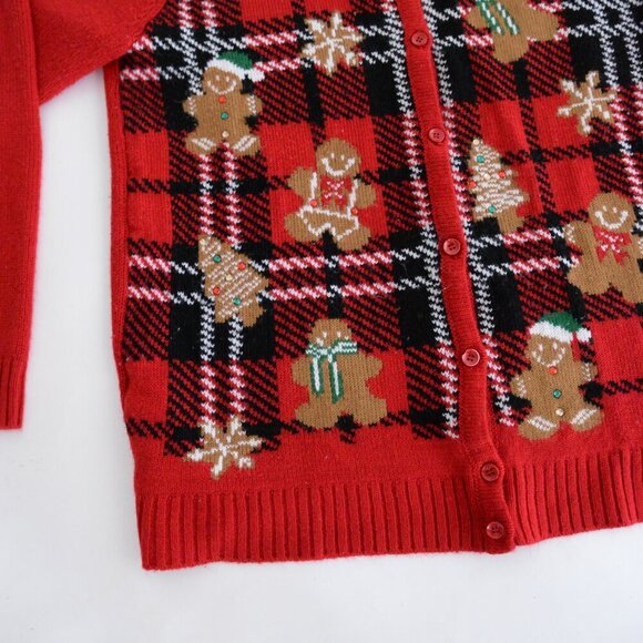 Vintage Kim Rogers Red Black Gingerbread Christmas Button Up Cardigan Sweater L - Picture 7 of 11